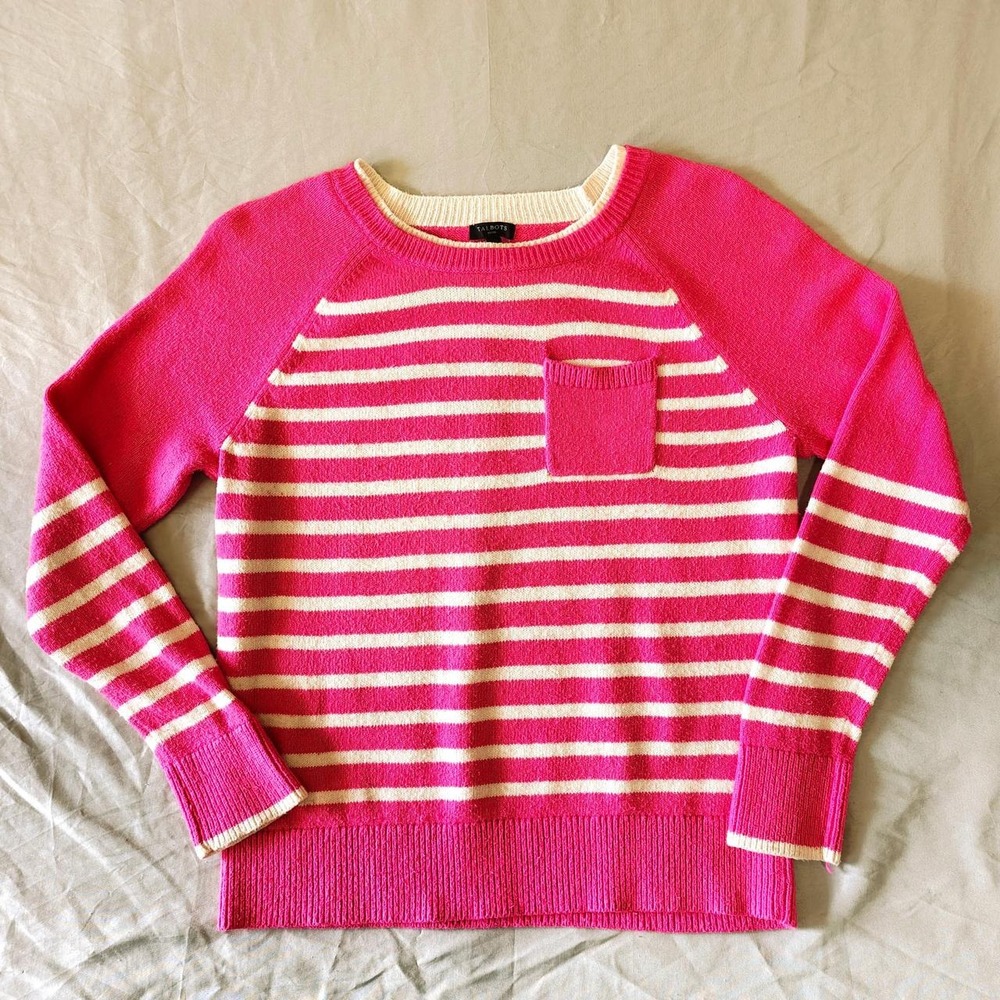 Talbots Petite Hot Pink Striped Sweater Womens Medium MP Crewneck Pocket Striped